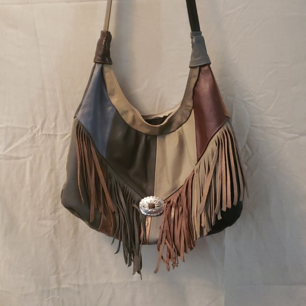 Vintage leather fringe patchwork purse